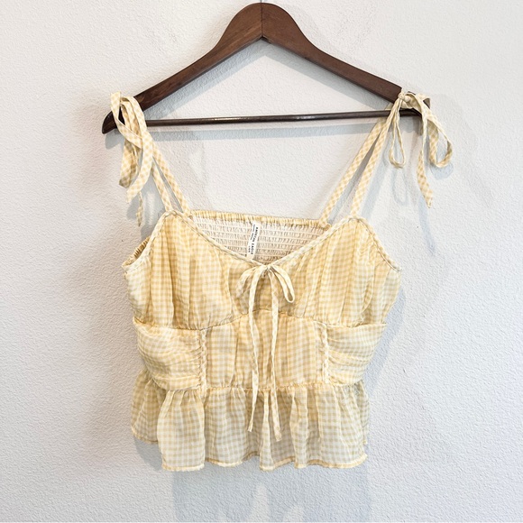 American Eagle Outfitters Tops - American Eagle Yellow Gingham Tie Strap Smocked Ruffle Peplum Tank Top L
